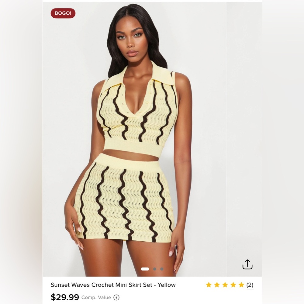 Fashion Nova Yellow and Brown Crochet Skirt Set